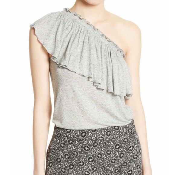 Rebecca Taylor Women's Grey Melan Jersey Knit One-Shoulder Ruffle Top sz M - Picture 1 of 7